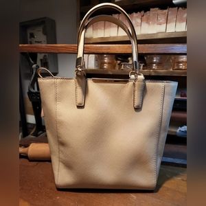 COACH MADISON SAFFIANO LEATHER MINI NORTH SOUTH TOTE BAG PARCHMENT TAN BEIGE EUC